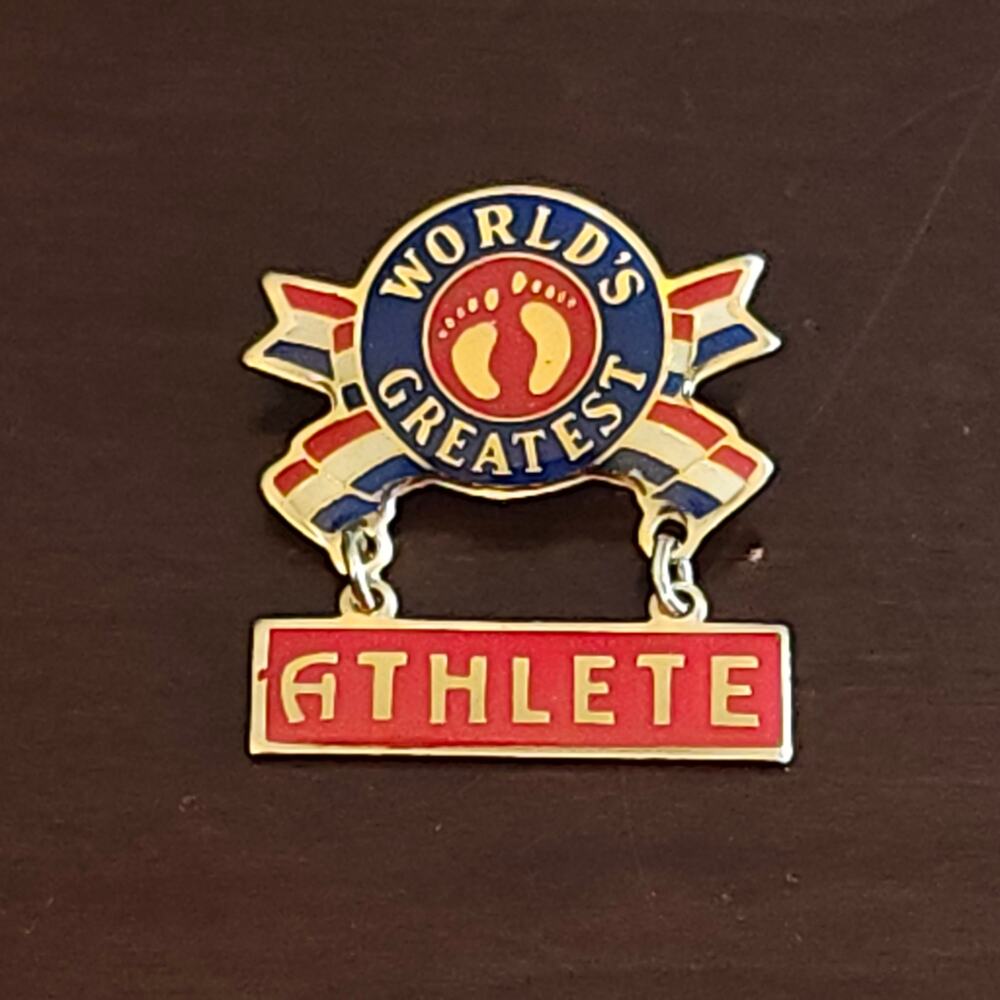 Vintage Hang Ten‎ World's Greatest Athlete Enamel Dangle Lapel Pin Signed 1991
